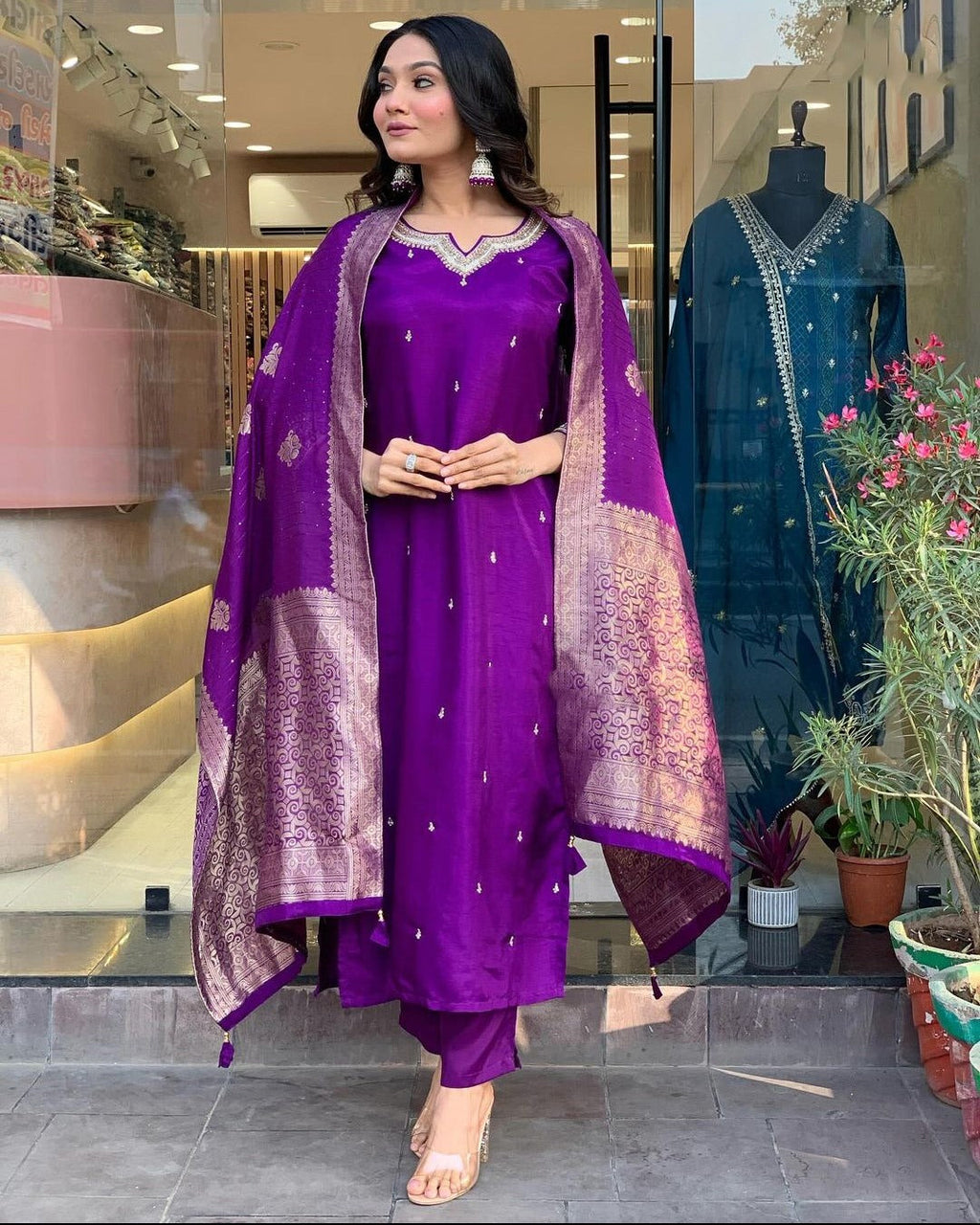 Royal Purple Silk Kurti Set with Embroidered Dupatta