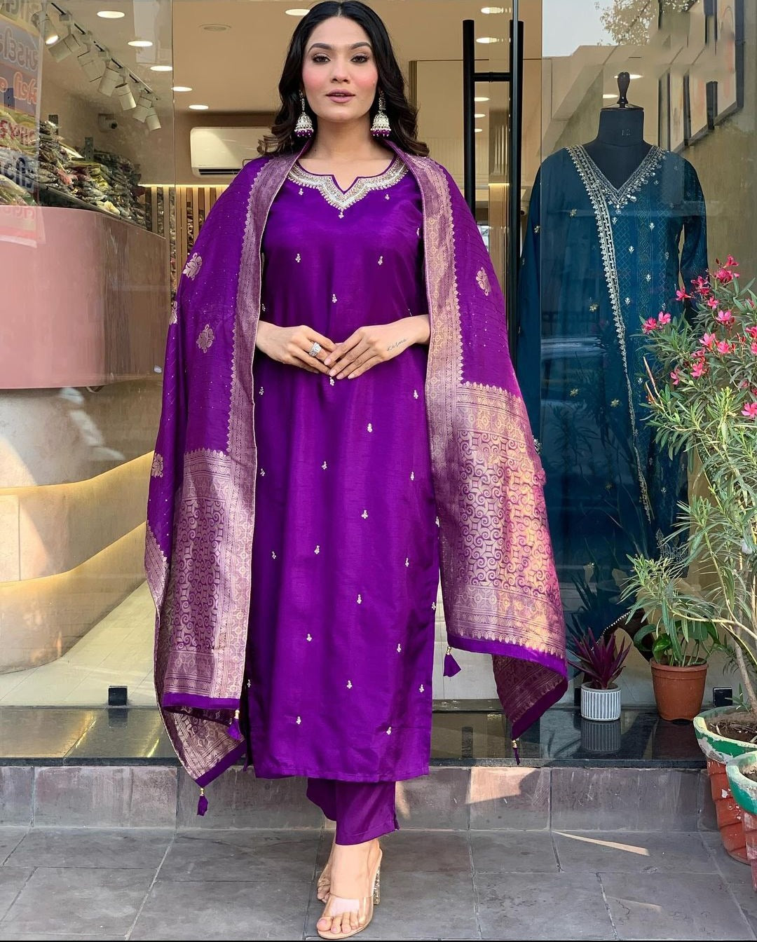Royal Purple Silk Kurti Set with Embroidered Dupatta