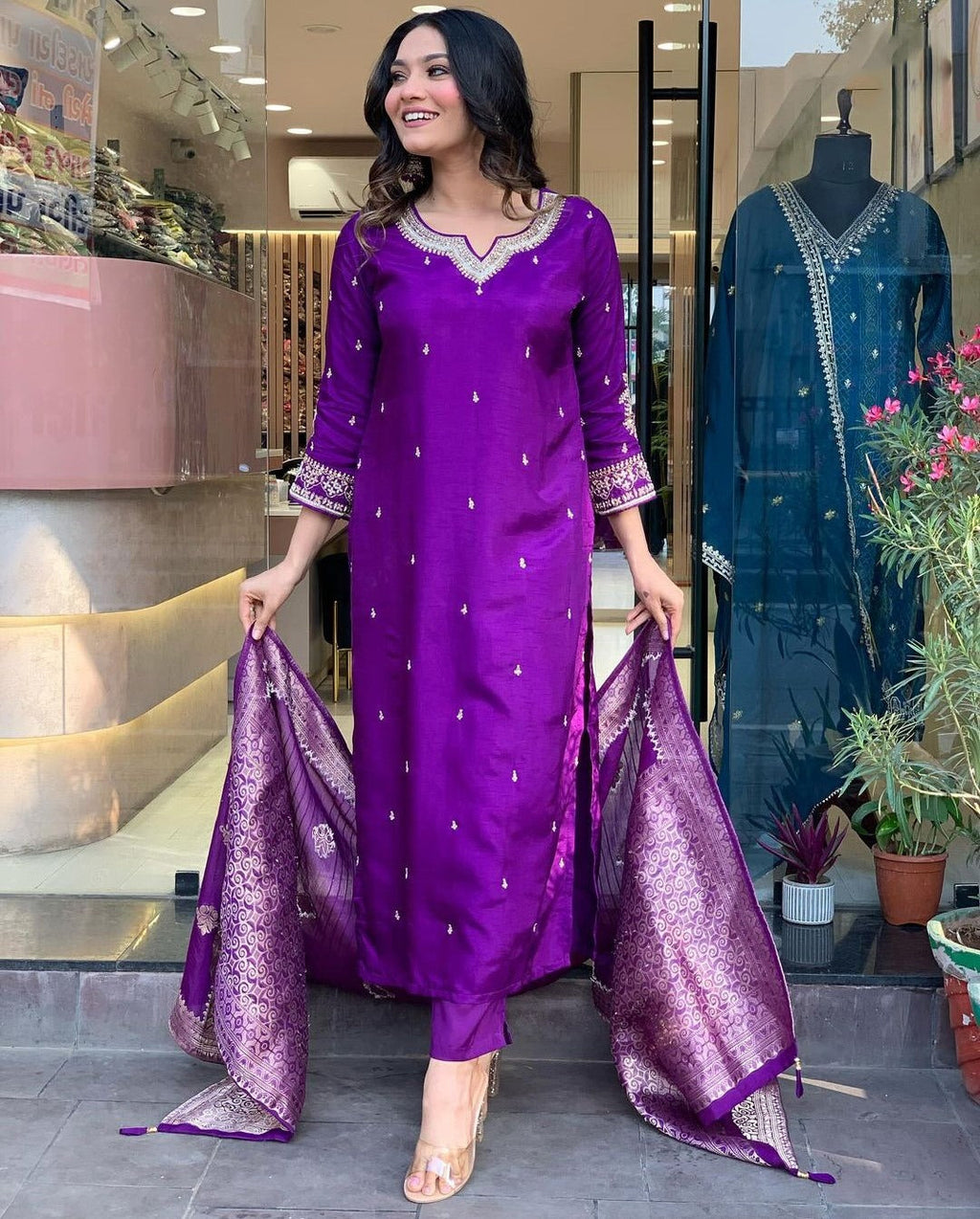 Royal Purple Silk Kurti Set with Embroidered Dupatta