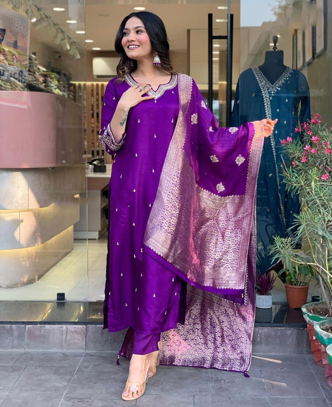 Royal Purple Silk Kurti Set with Embroidered Dupatta
