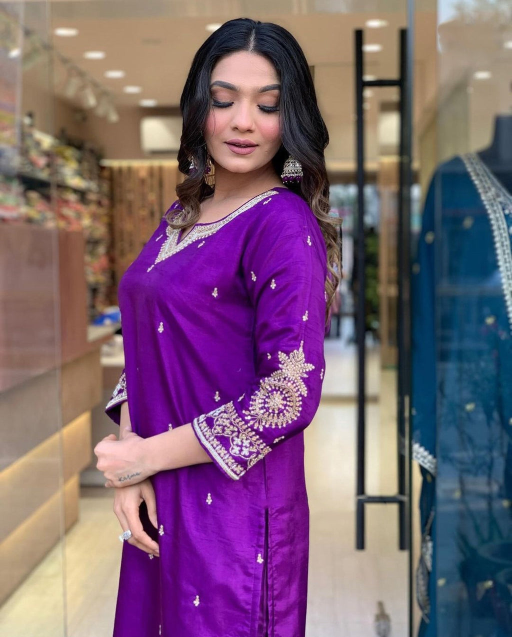 Royal Purple Silk Kurti Set with Embroidered Dupatta