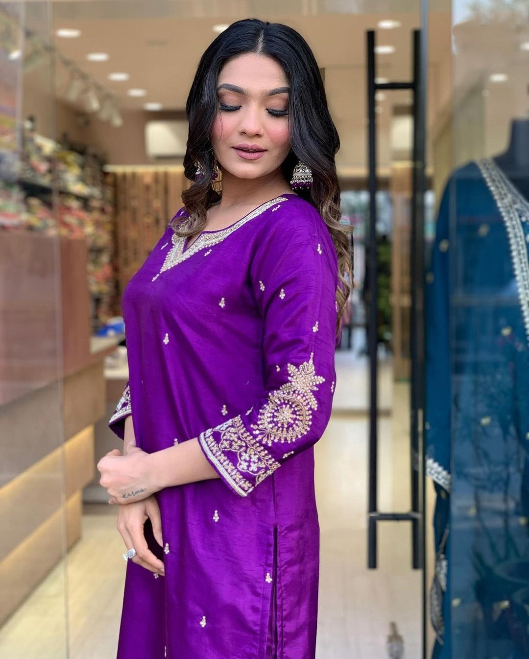 Royal Purple Silk Kurti Set with Embroidered Dupatta