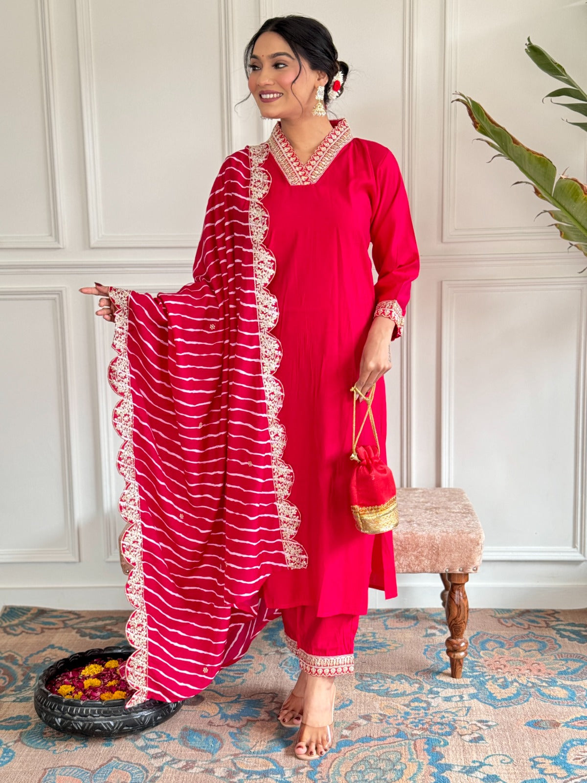 Festive red straight suit set featuring scalloped border bandhej dupatta
