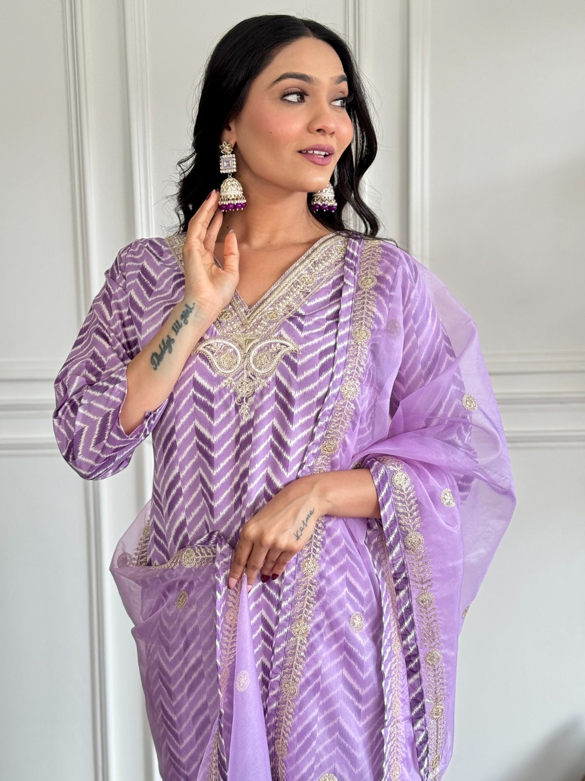 Chevron patterned lavender kurta with silk pants and dupatta