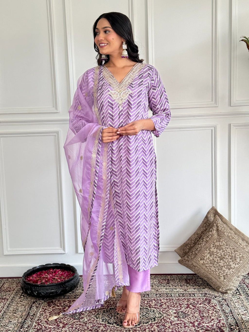 Chevron patterned lavender kurta with silk pants and dupatta