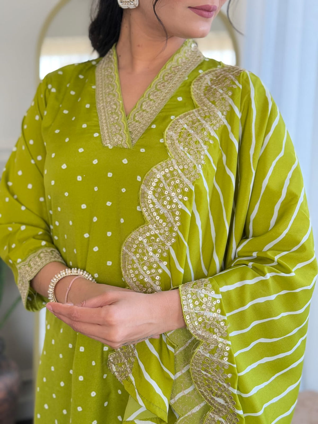 Elegant Polka Dot Kurti Set with Striped Dupatta