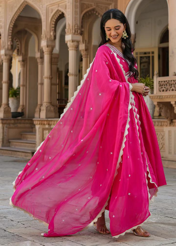 Flared Anarkali Kurta Set with Embroidered Yoke & Dupatta