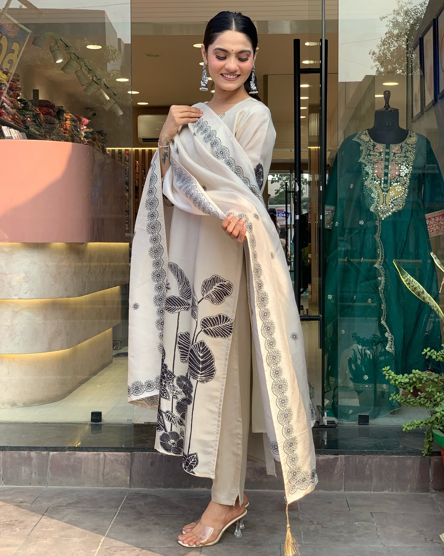 Elegant Cream Straight Kurta Set with Black Floral Print & Dupatta