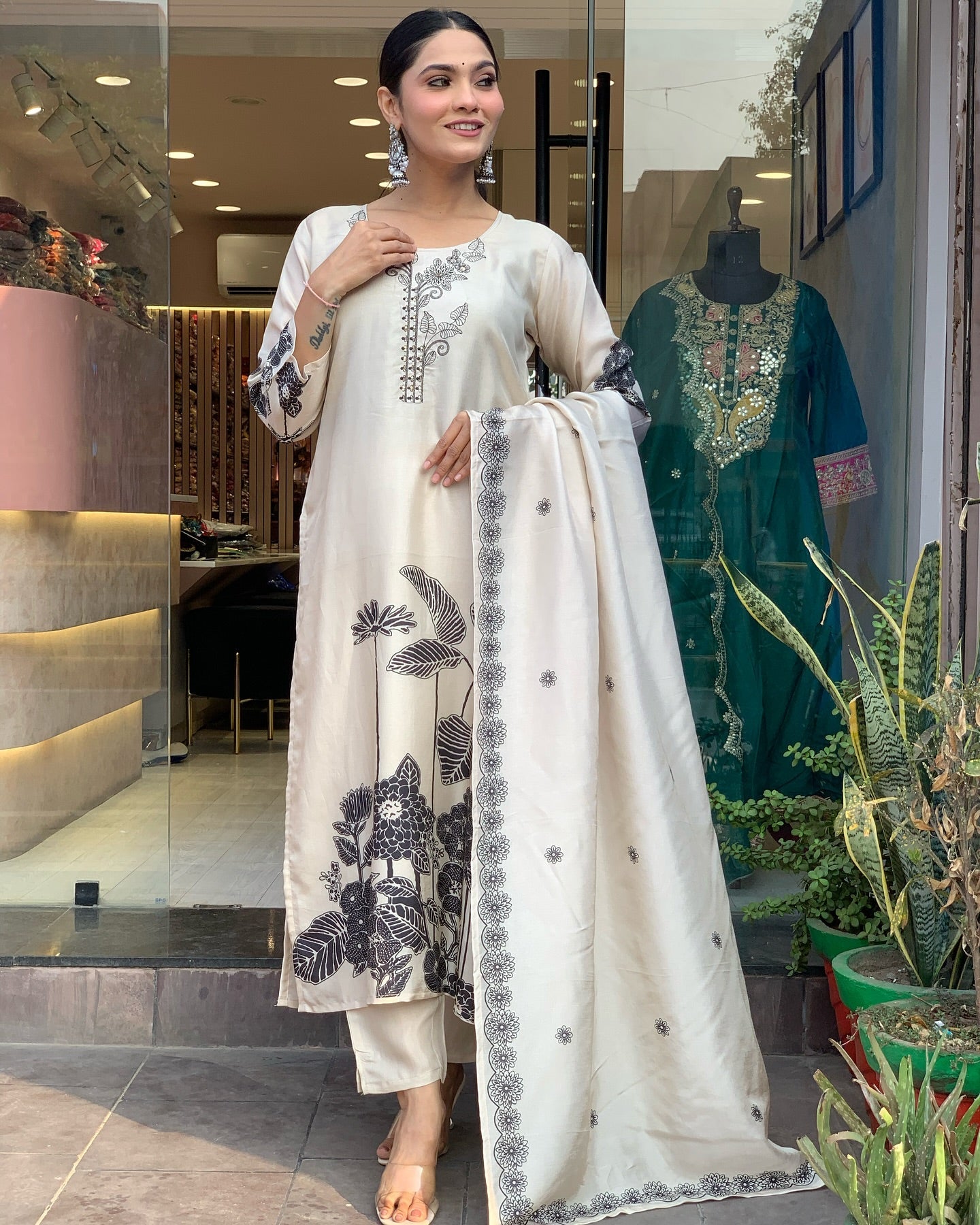 Elegant Cream Straight Kurta Set with Black Floral Print & Dupatta