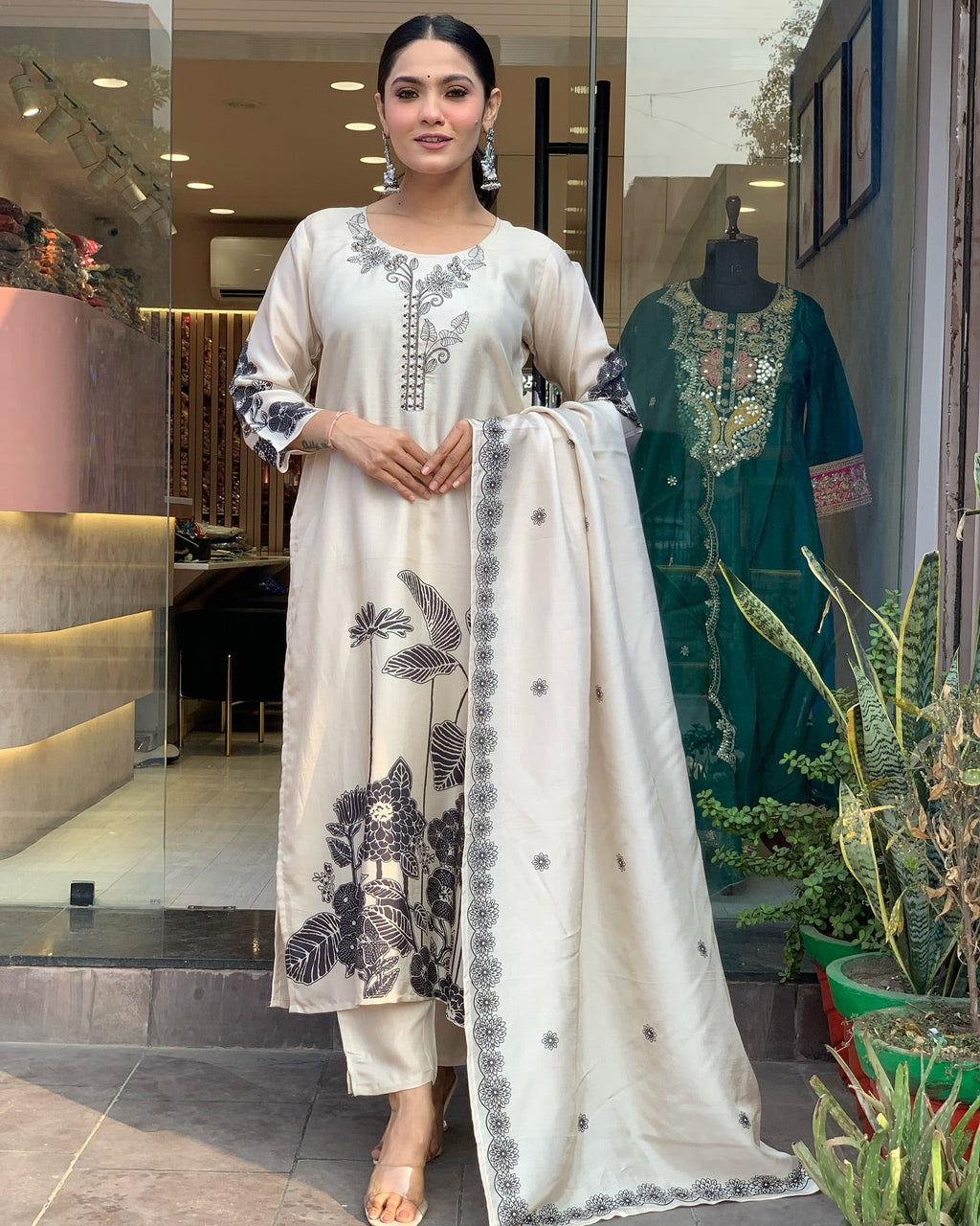 Elegant Cream Straight Kurta Set with Black Floral Print & Dupatta