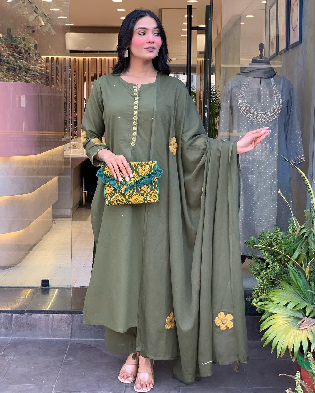 Olive Green Straight Kurta Set with Embroidered Dupatta