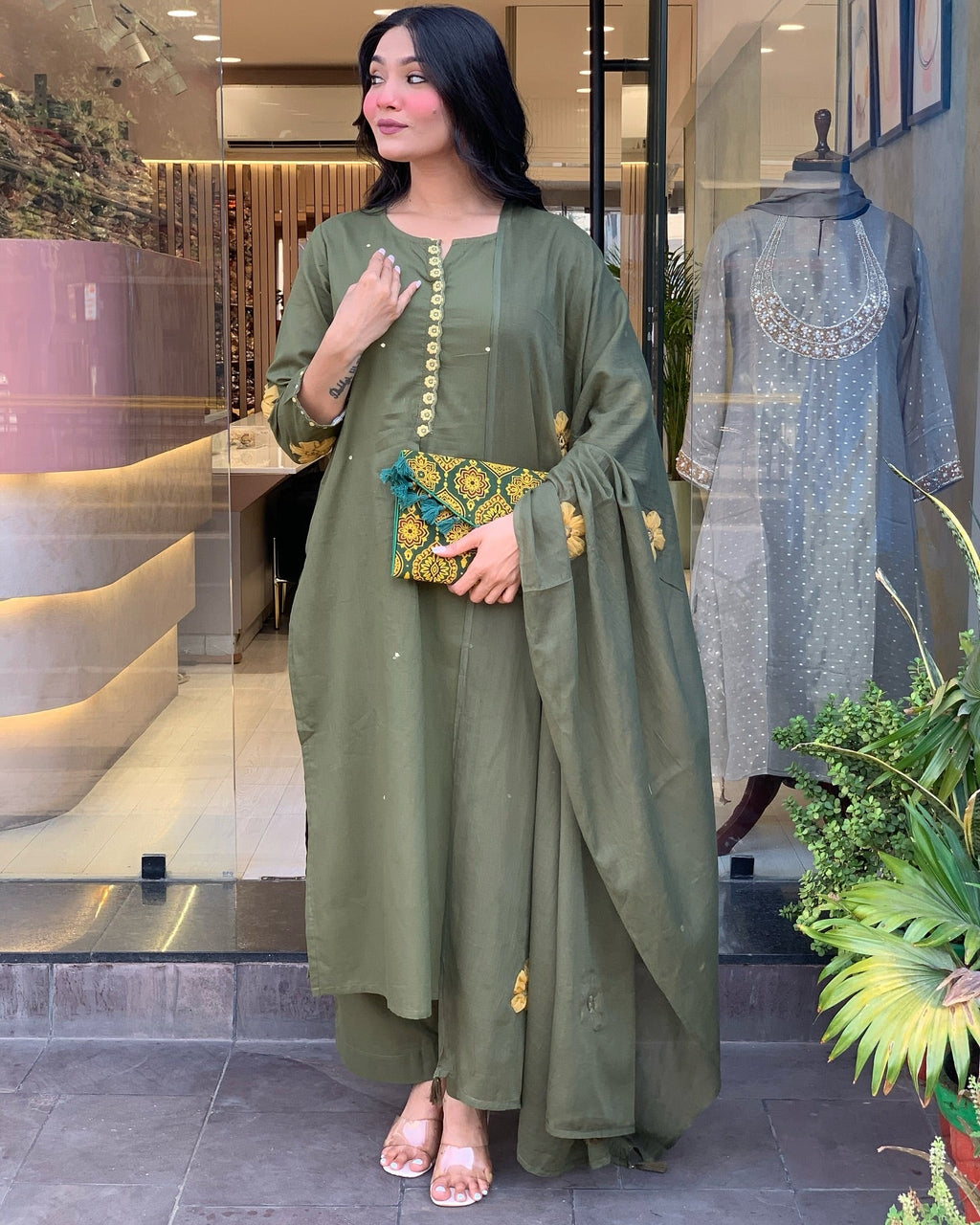 Olive Green Straight Kurta Set with Embroidered Dupatta