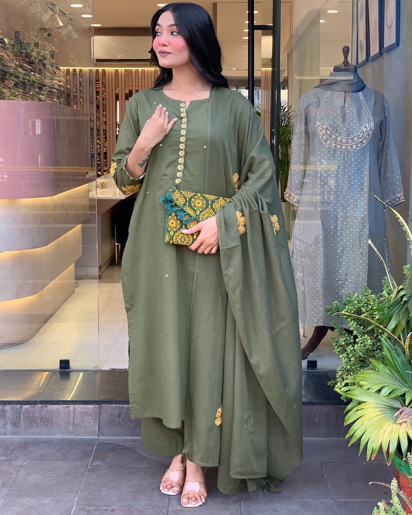 Olive Green Straight Kurta Set with Embroidered Dupatta