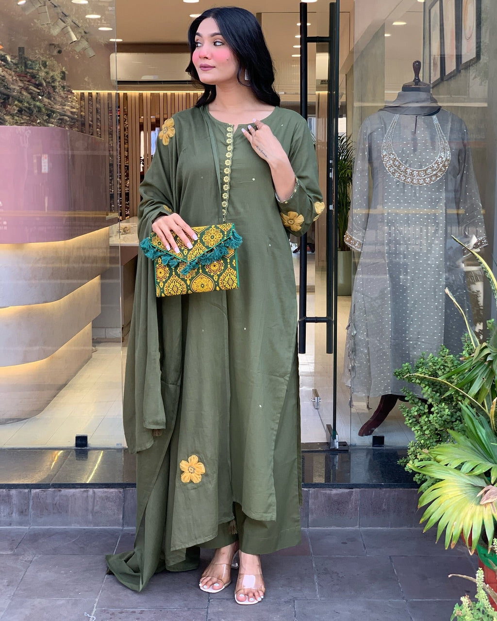 Olive Green Straight Kurta Set with Embroidered Dupatta