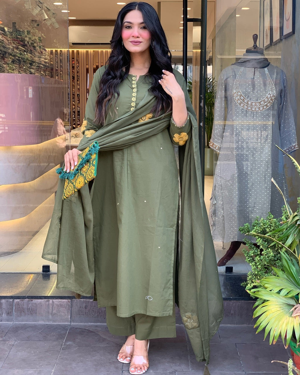 Olive Green Straight Kurta Set with Embroidered Dupatta