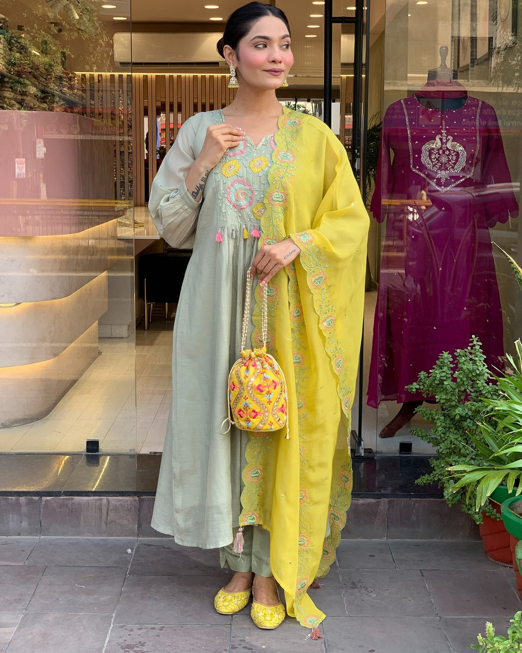 Pastel Green Kurti Set with Yellow Embroidered Dupatta