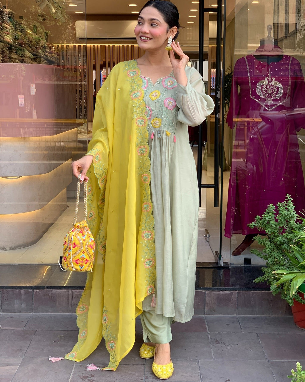 Pastel Green Kurti Set with Yellow Embroidered Dupatta