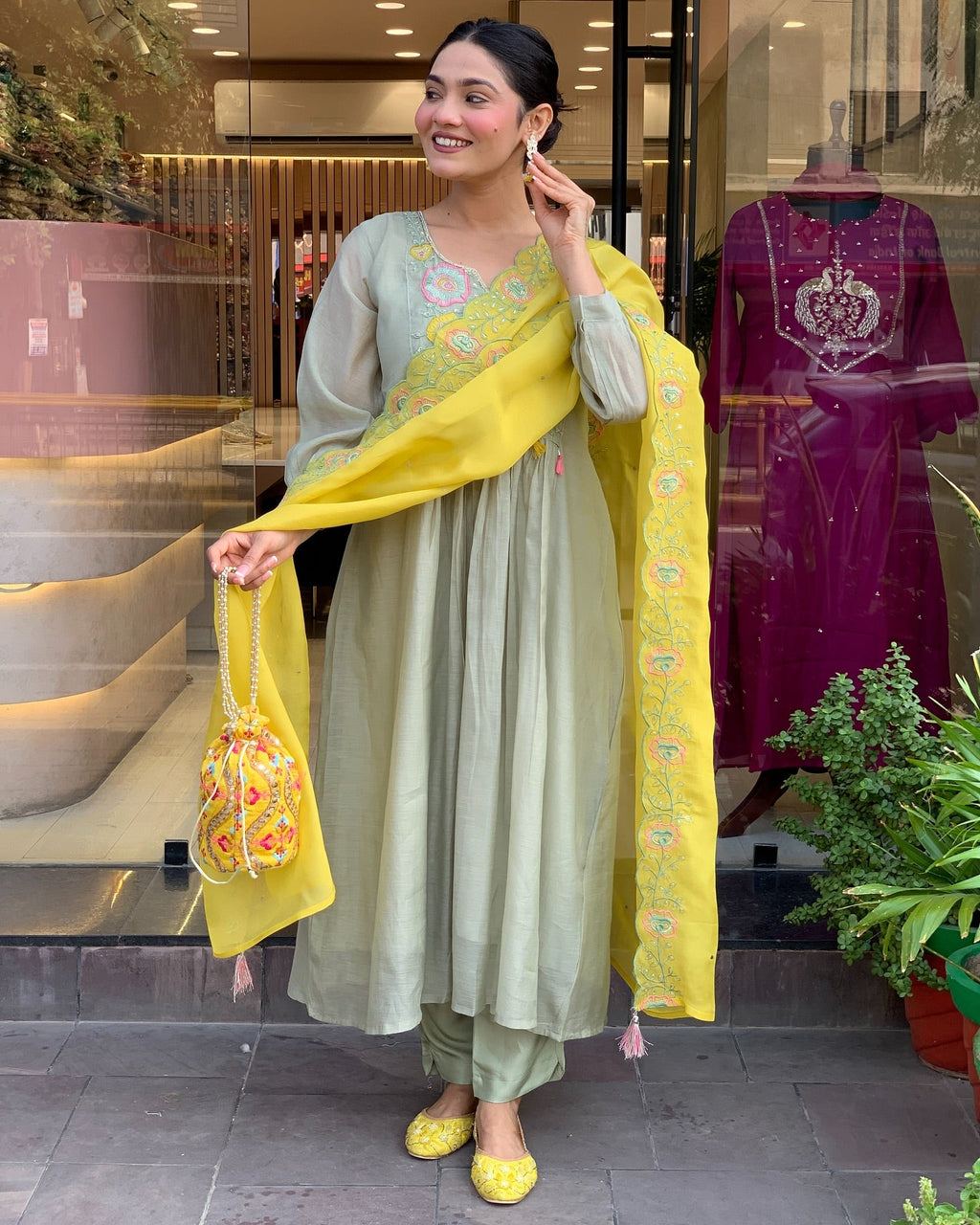 Pastel Green Kurti Set with Yellow Embroidered Dupatta