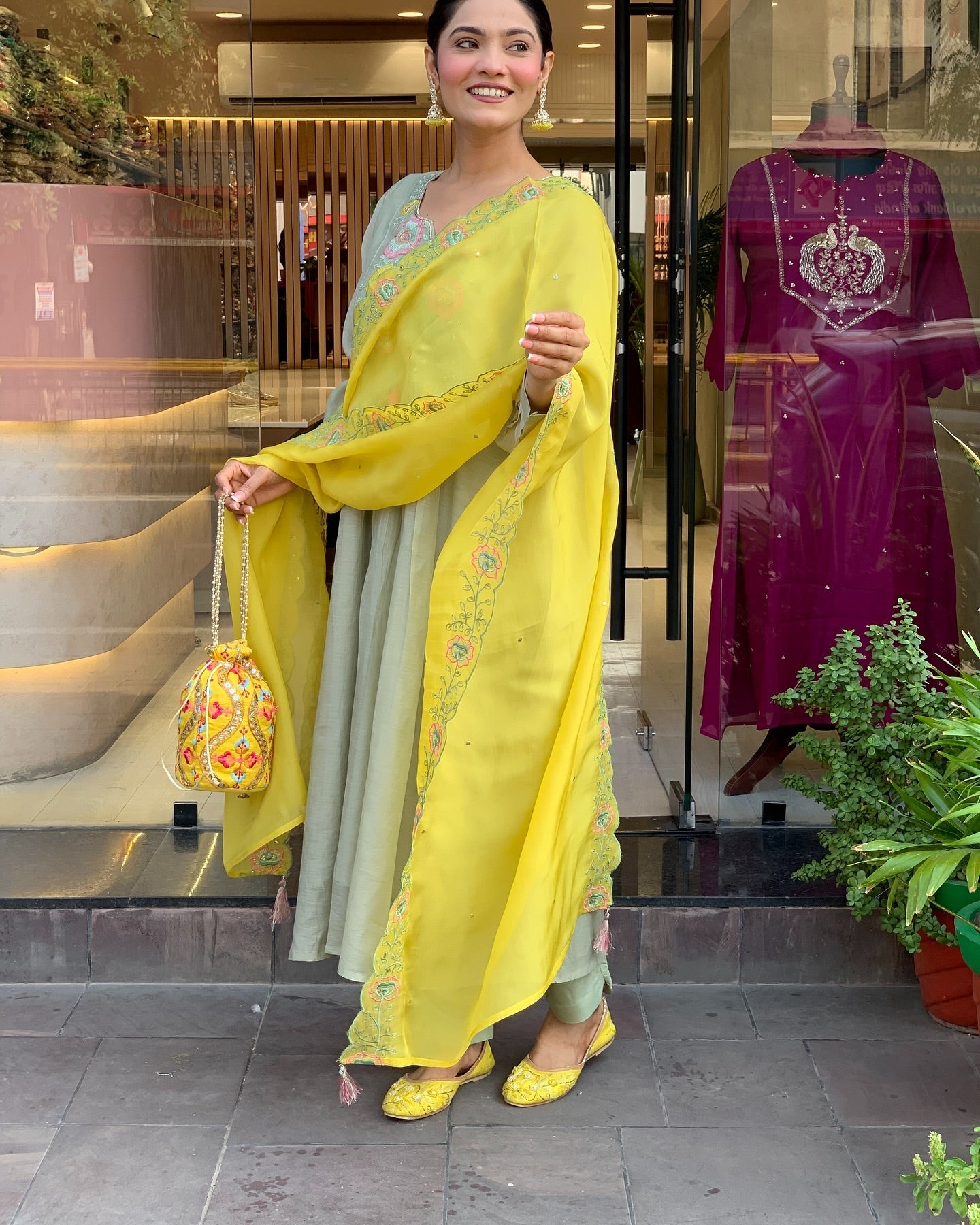 Pastel Green Kurti Set with Yellow Embroidered Dupatta