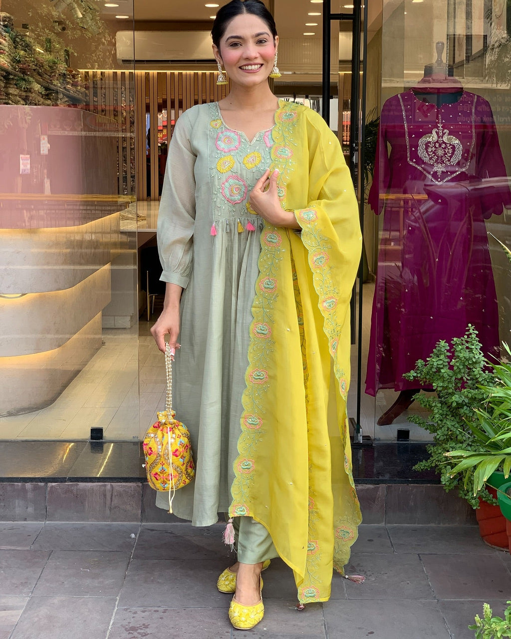Pastel Green Kurti Set with Yellow Embroidered Dupatta