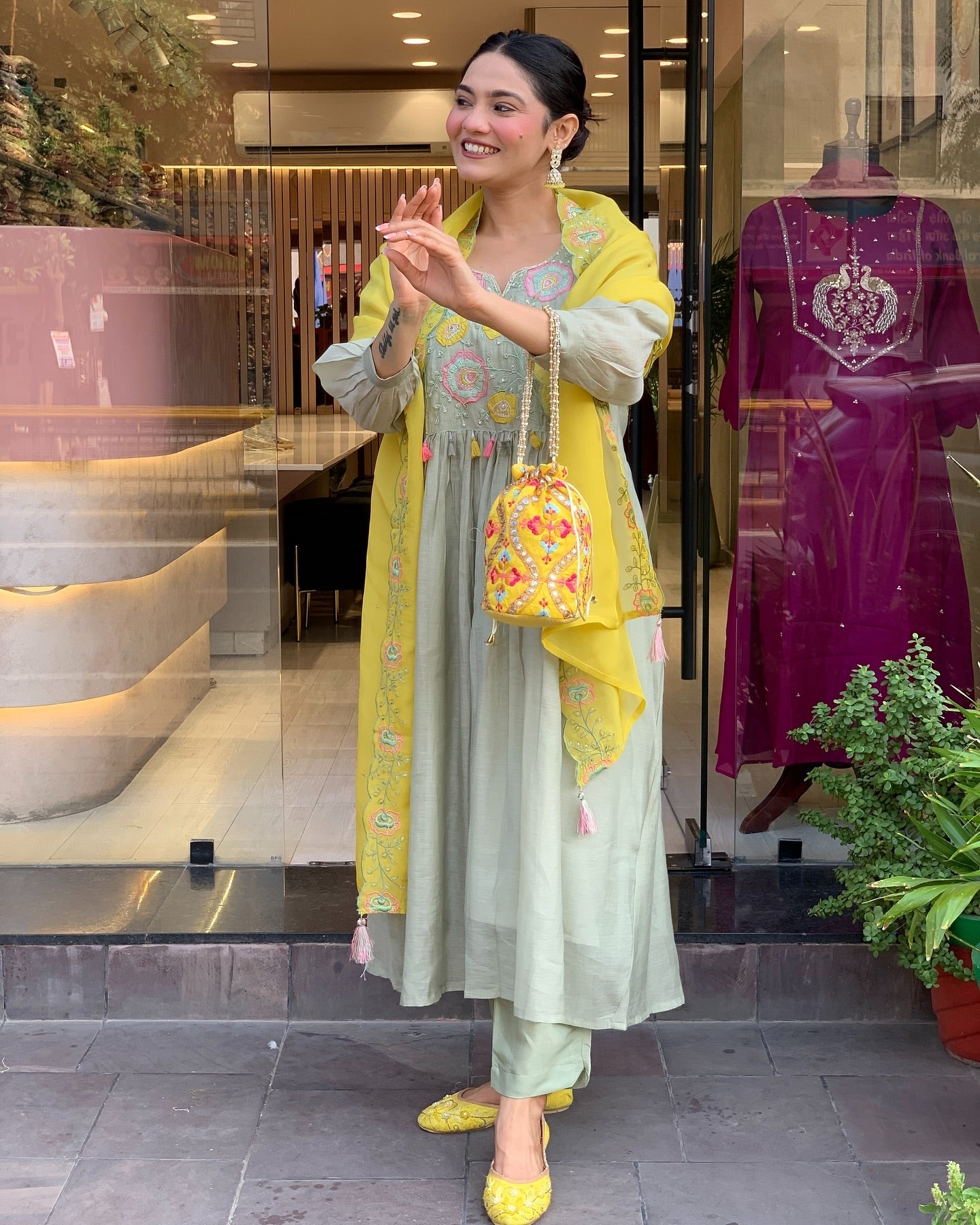 Pastel Green Kurti Set with Yellow Embroidered Dupatta