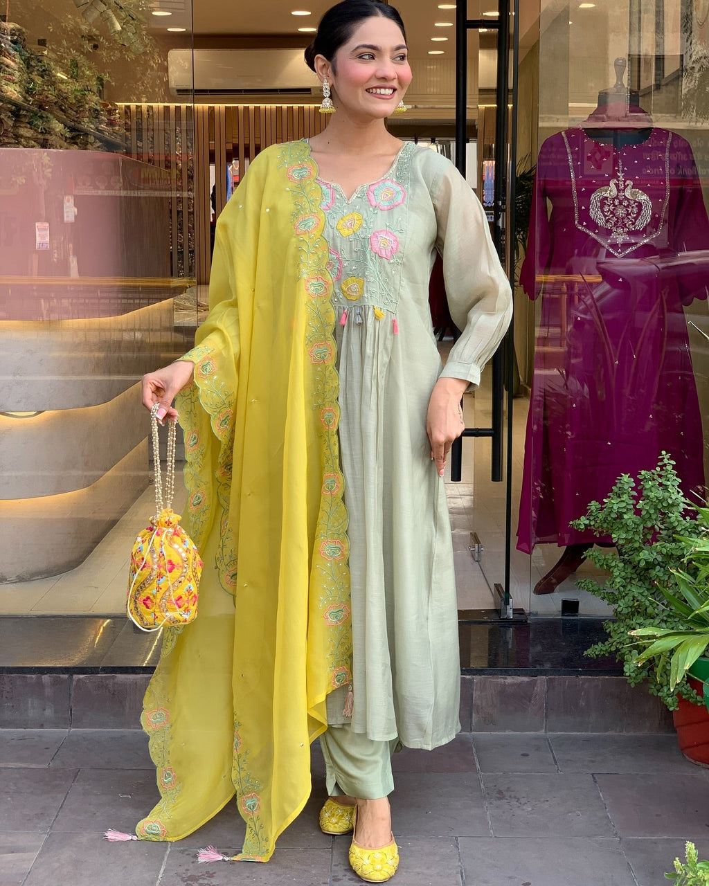 Pastel Green Kurti Set with Yellow Embroidered Dupatta