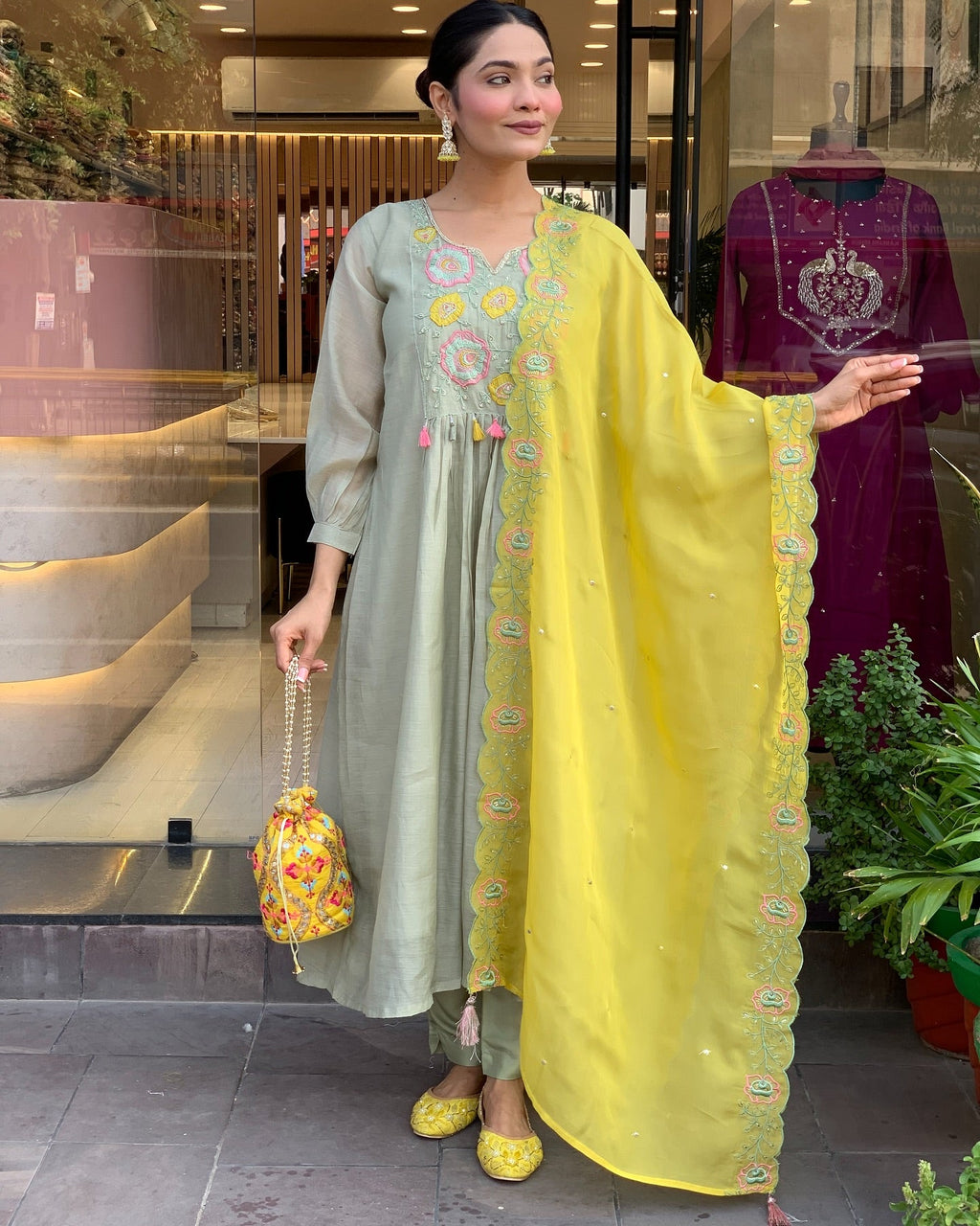 Pastel Green Kurti Set with Yellow Embroidered Dupatta