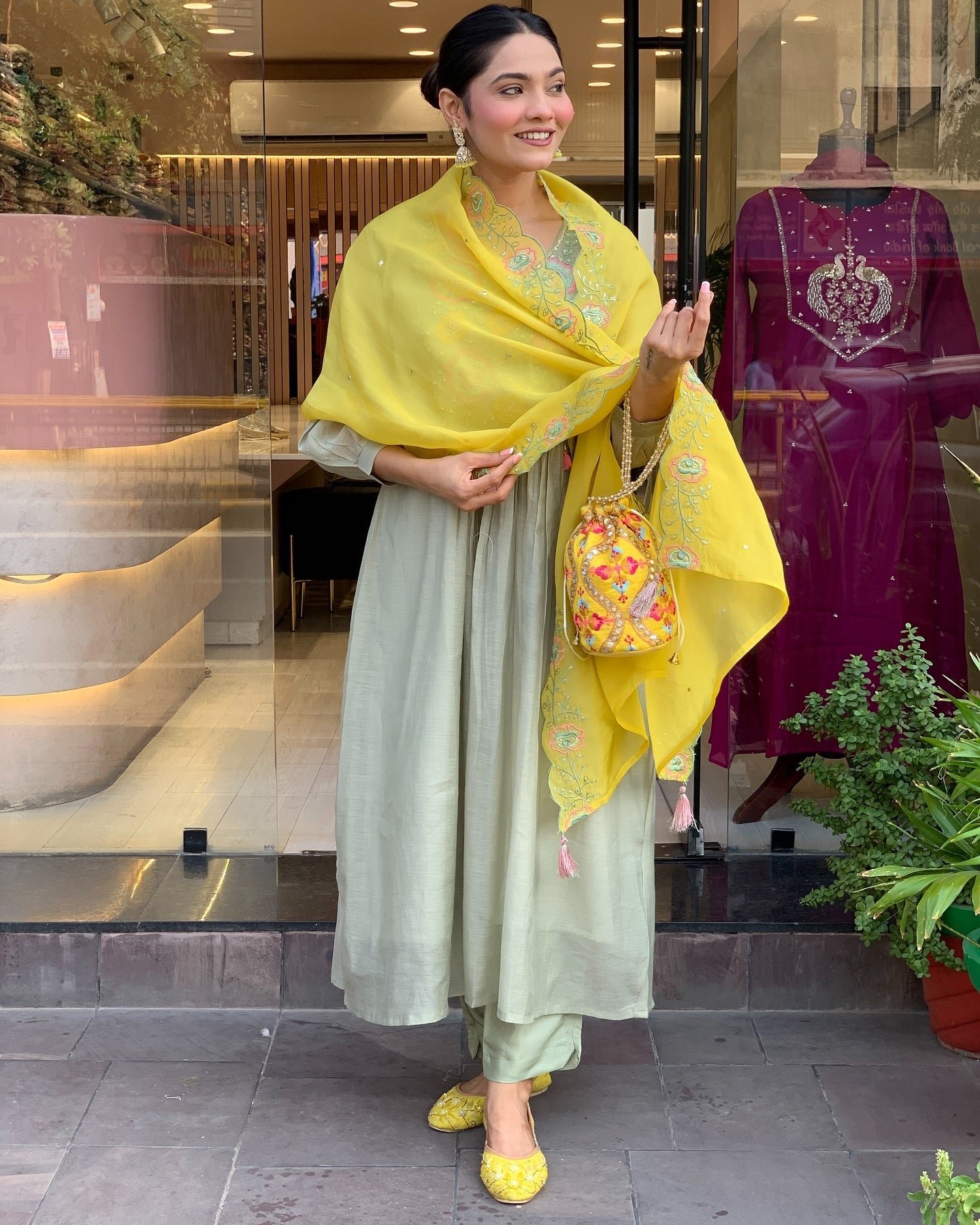 Pastel Green Kurti Set with Yellow Embroidered Dupatta