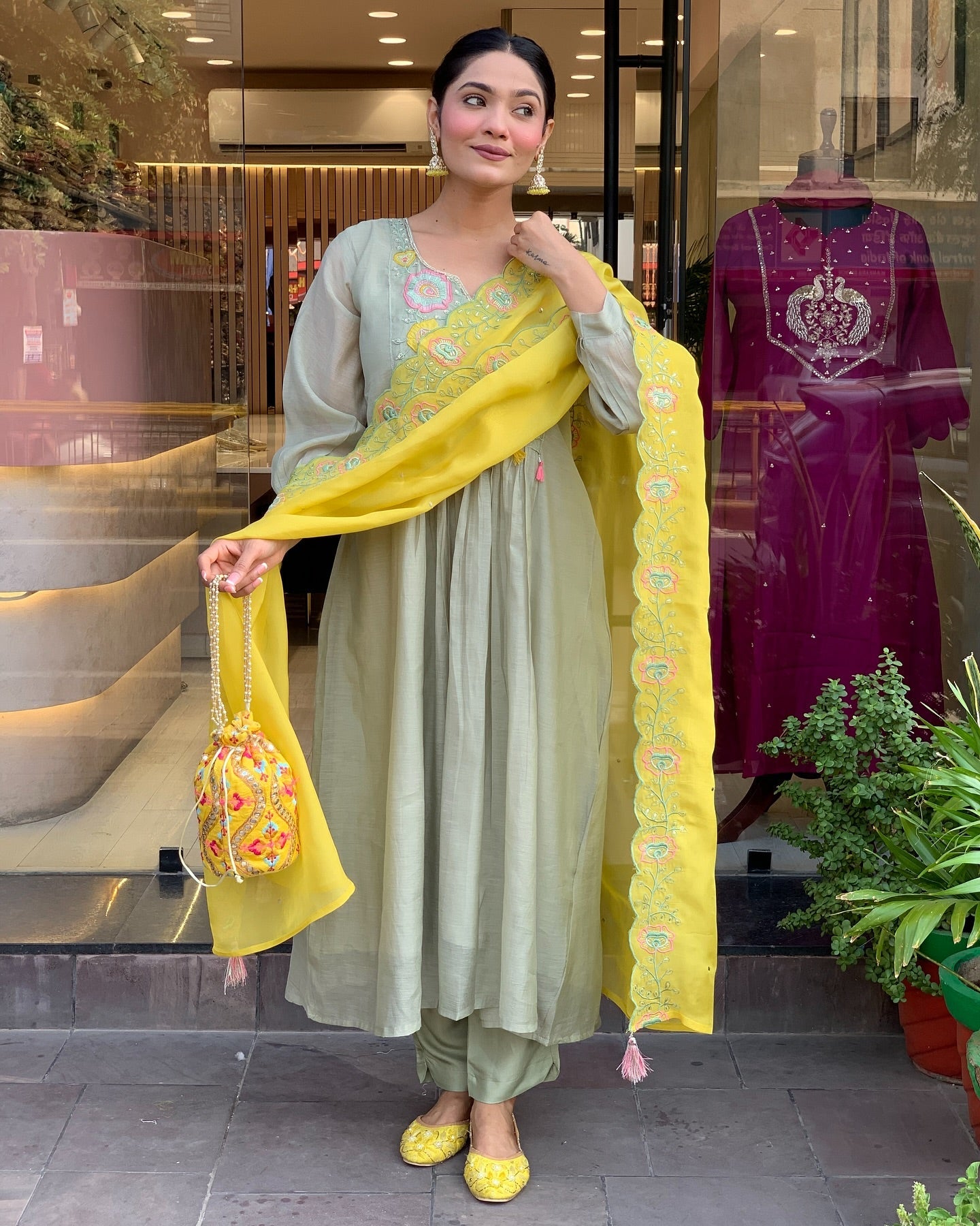 Pastel Green Kurti Set with Yellow Embroidered Dupatta