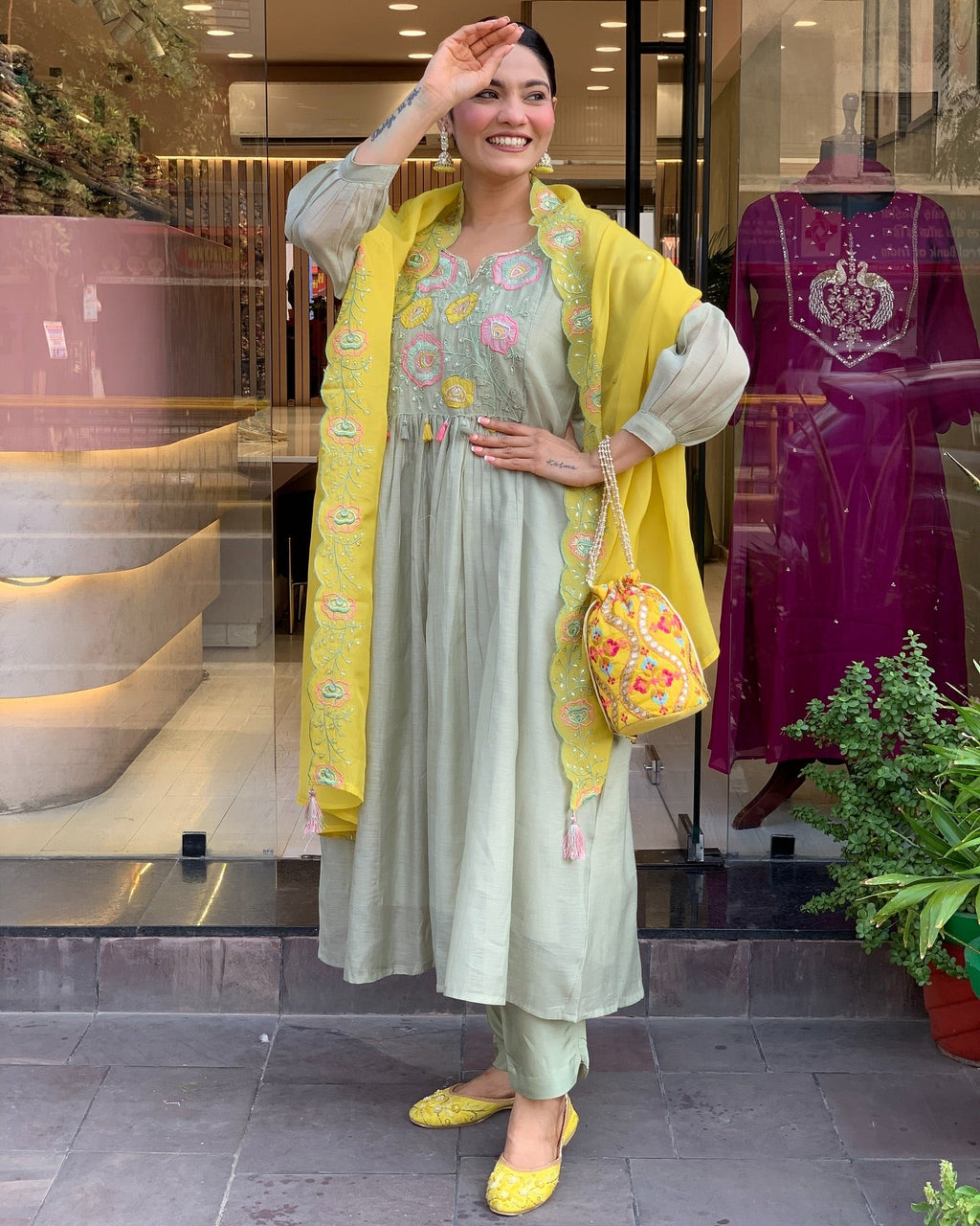 Pastel Green Kurti Set with Yellow Embroidered Dupatta