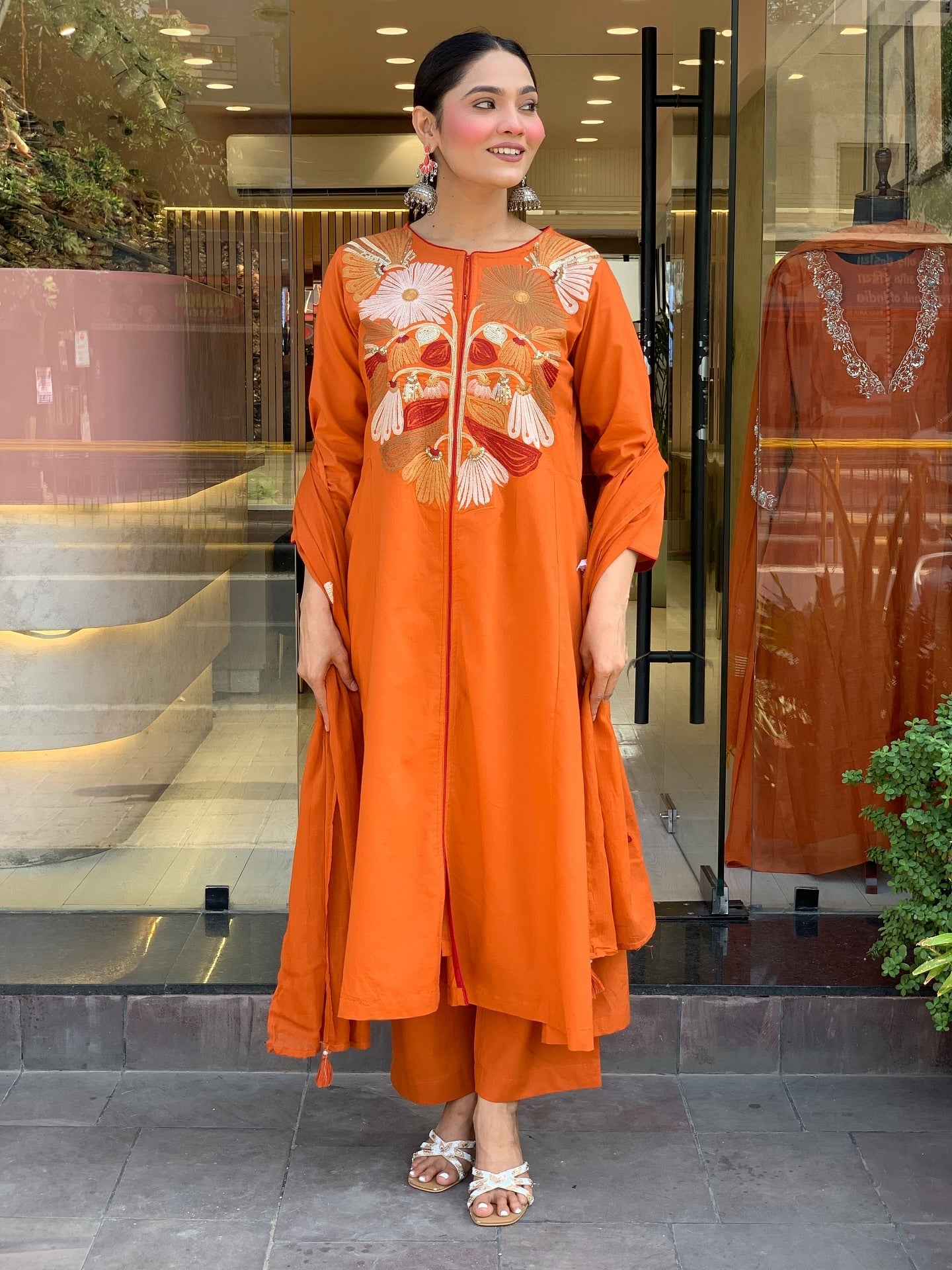 Rust Orange A-Line Kurti Set with Bold Floral Embroidery