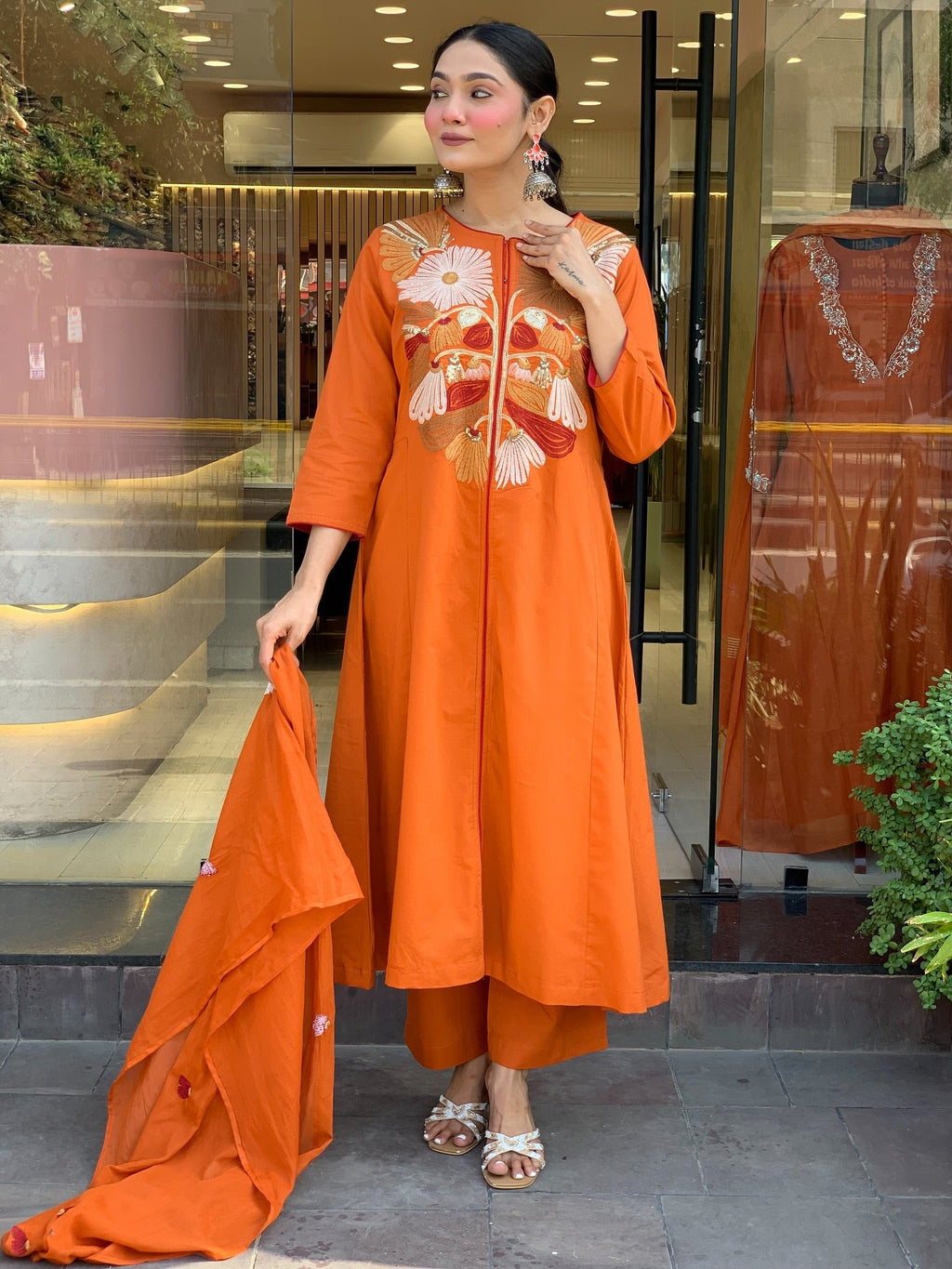 Rust Orange A-Line Kurti Set with Bold Floral Embroidery