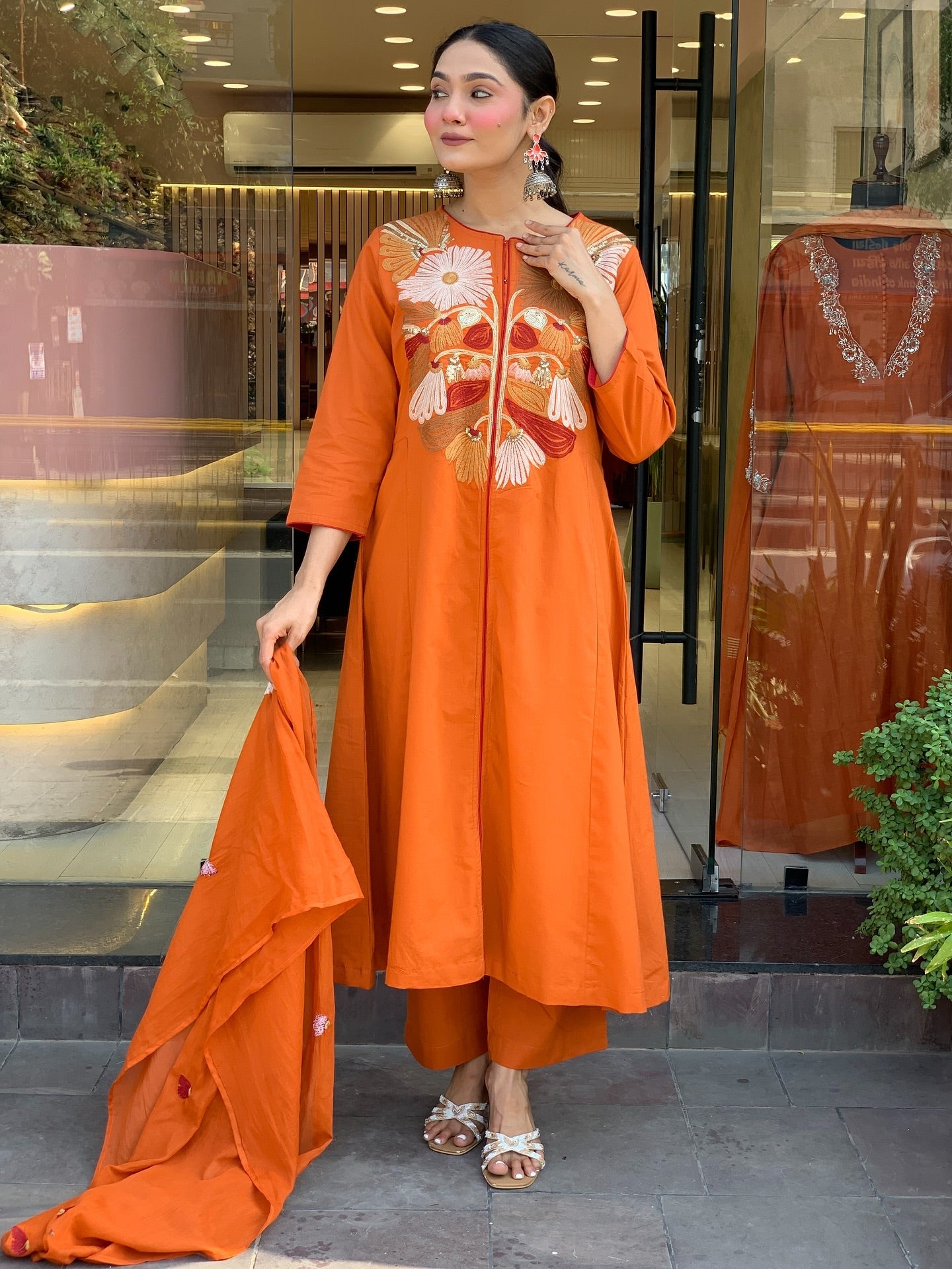 Rust Orange A-Line Kurti Set with Bold Floral Embroidery