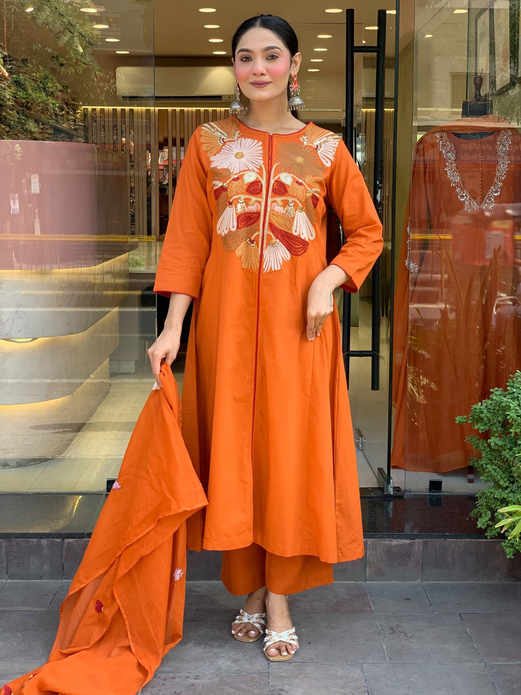 Rust Orange A-Line Kurti Set with Bold Floral Embroidery