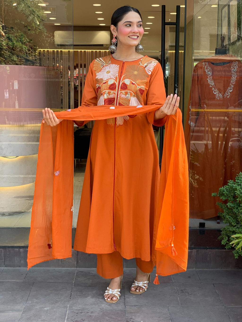 Rust Orange A-Line Kurti Set with Bold Floral Embroidery