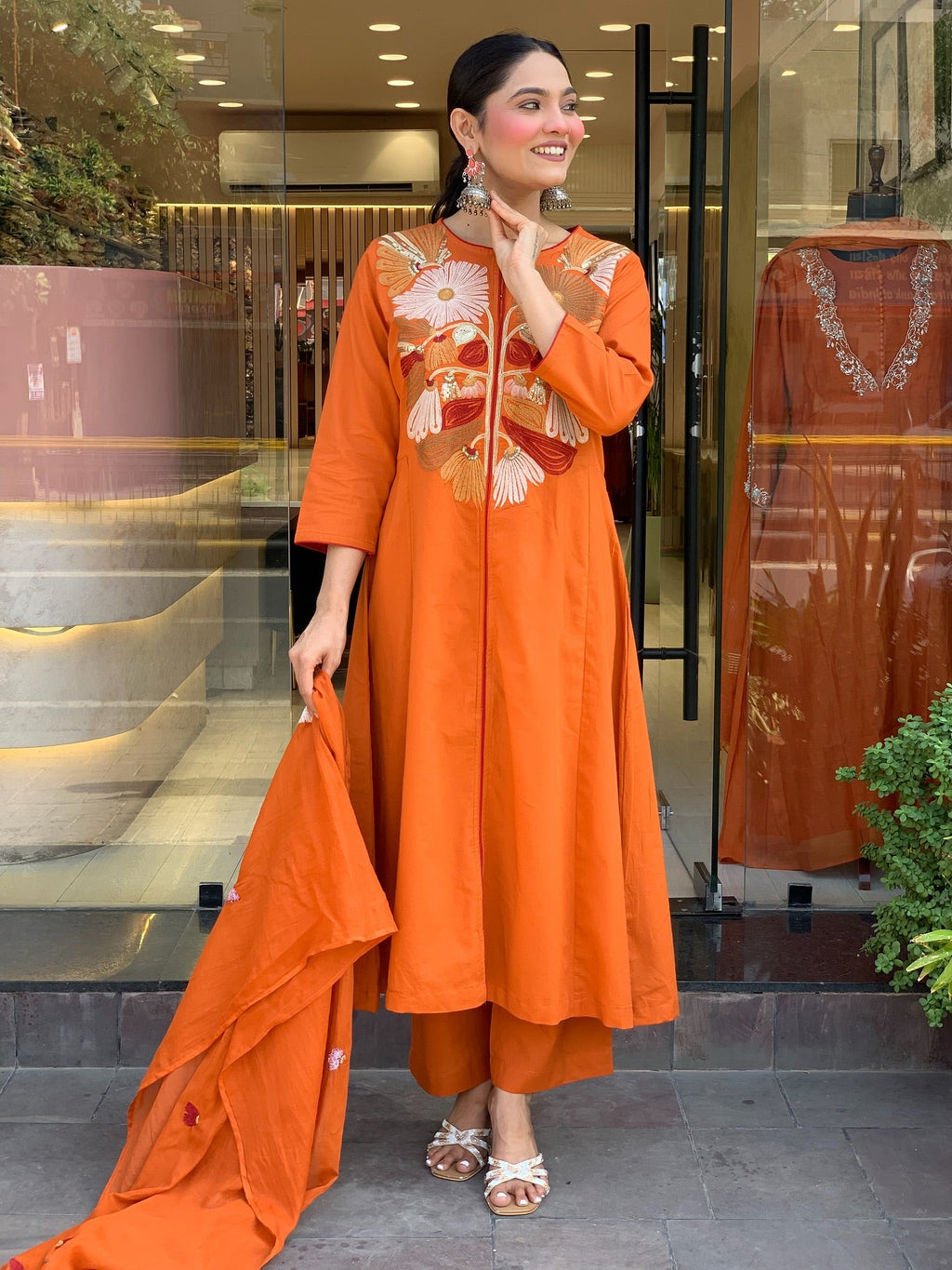 Rust Orange A-Line Kurti Set with Bold Floral Embroidery
