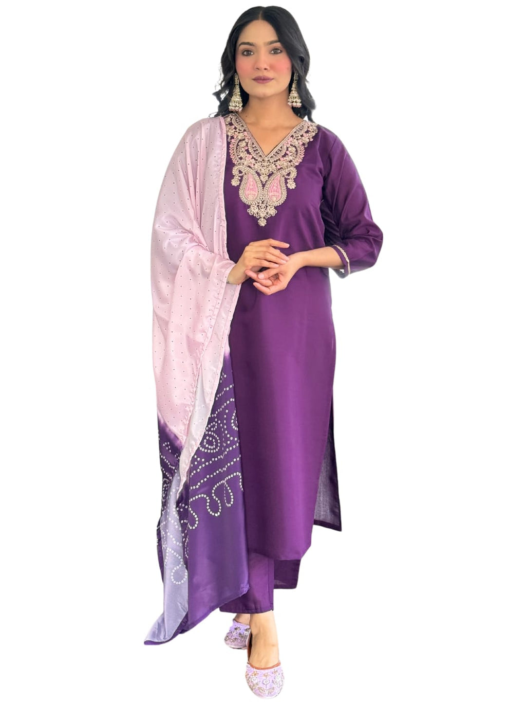 Stylish Straight Kurta Pant Set with Ombre Dupatta