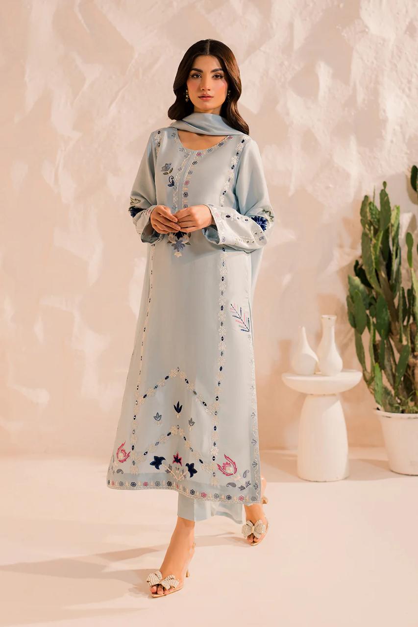 Minimalist blue embroidered suit set with elegant design