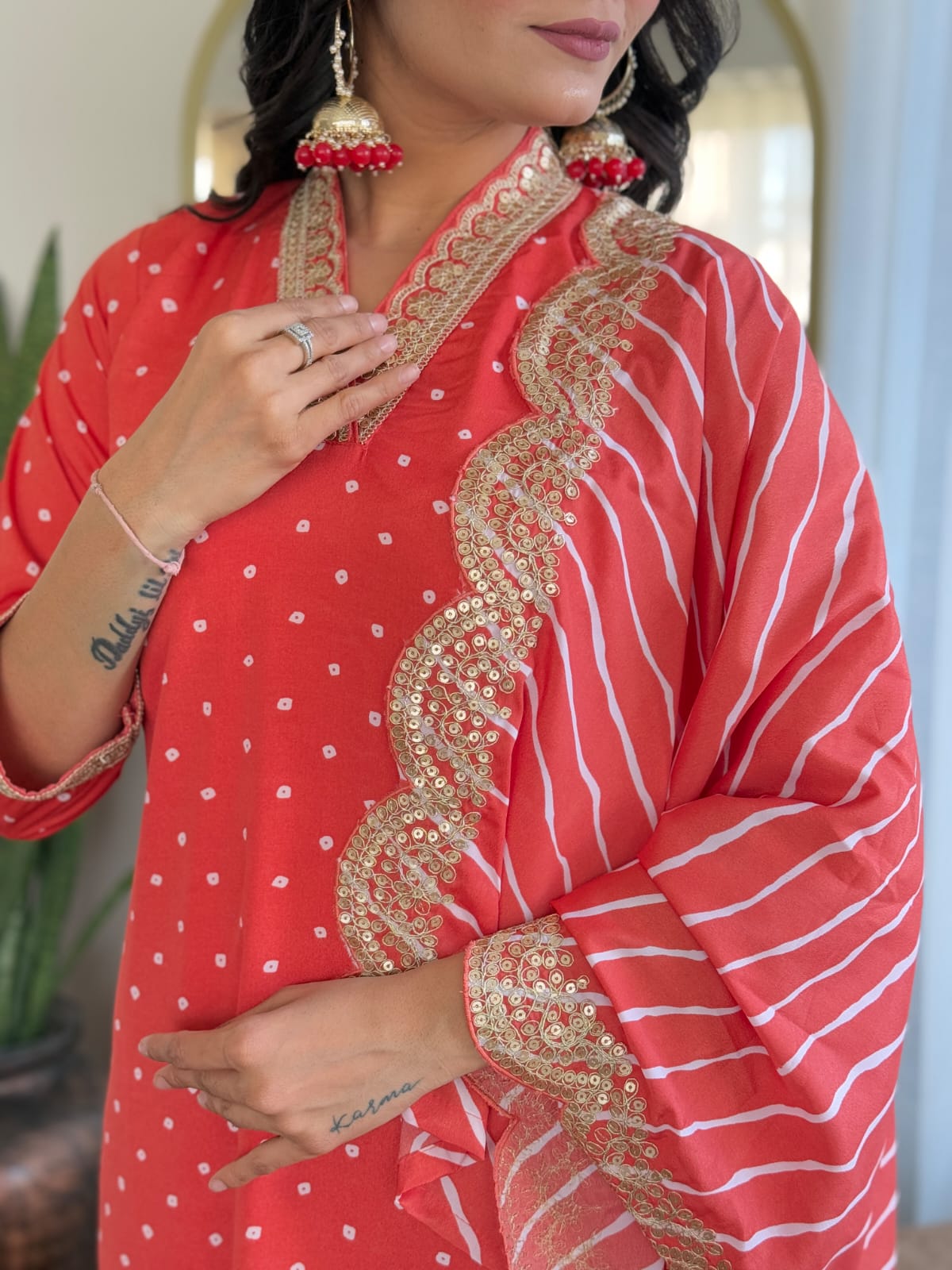 Elegant Polka Dot Kurti Set with Striped Dupatta