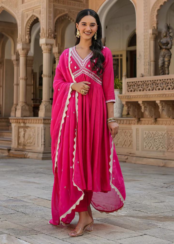 Flared Anarkali Kurta Set with Embroidered Yoke & Dupatta