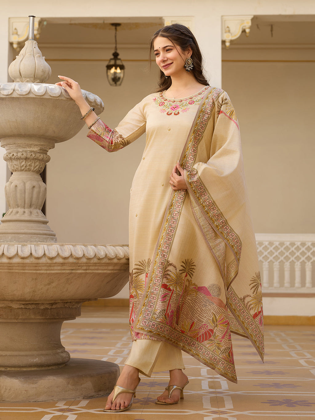 Elegant Beige Embroidered Suit Set with Printed Dupatta