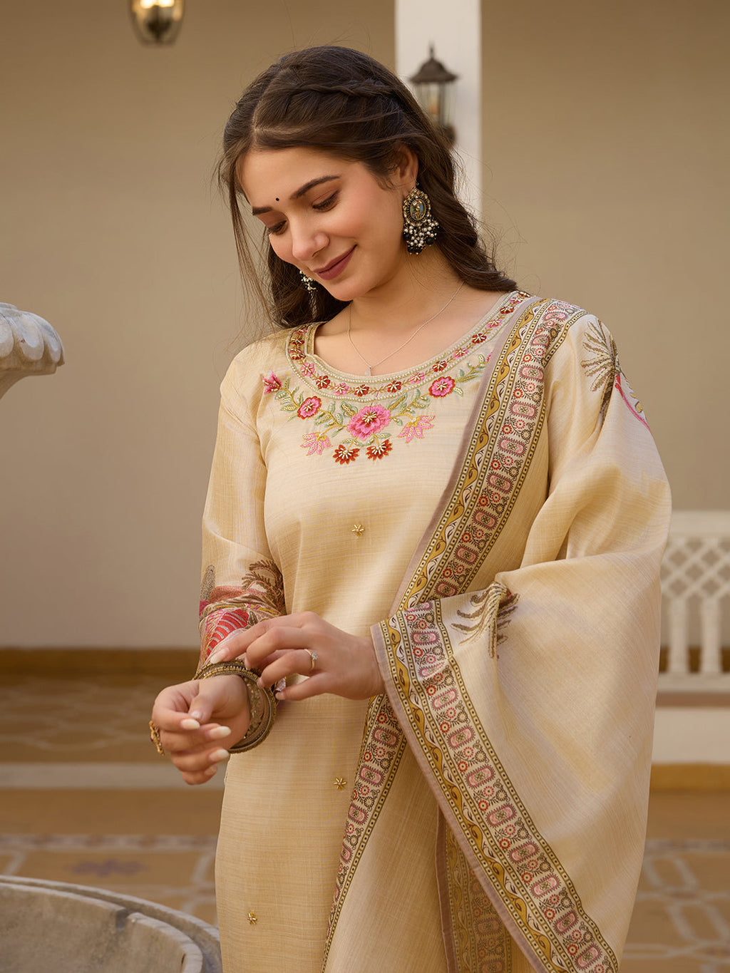 Elegant Beige Embroidered Suit Set with Printed Dupatta