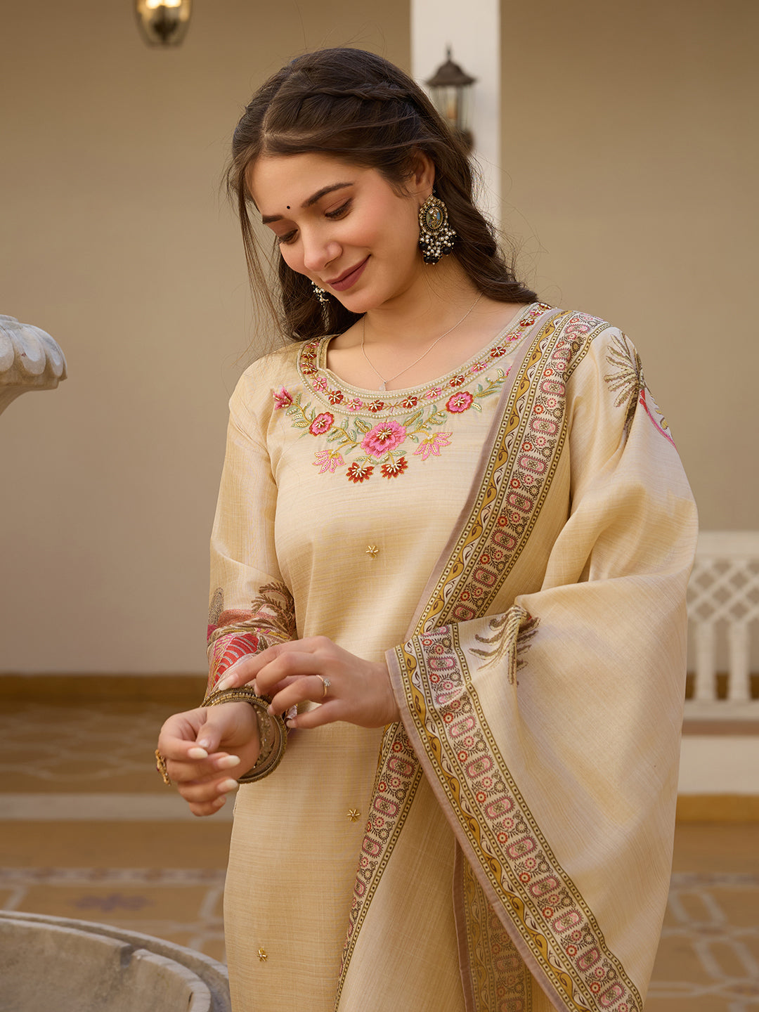 Elegant Beige Embroidered Suit Set with Printed Dupatta