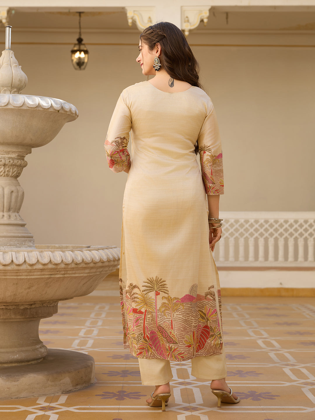 Elegant Beige Embroidered Suit Set with Printed Dupatta