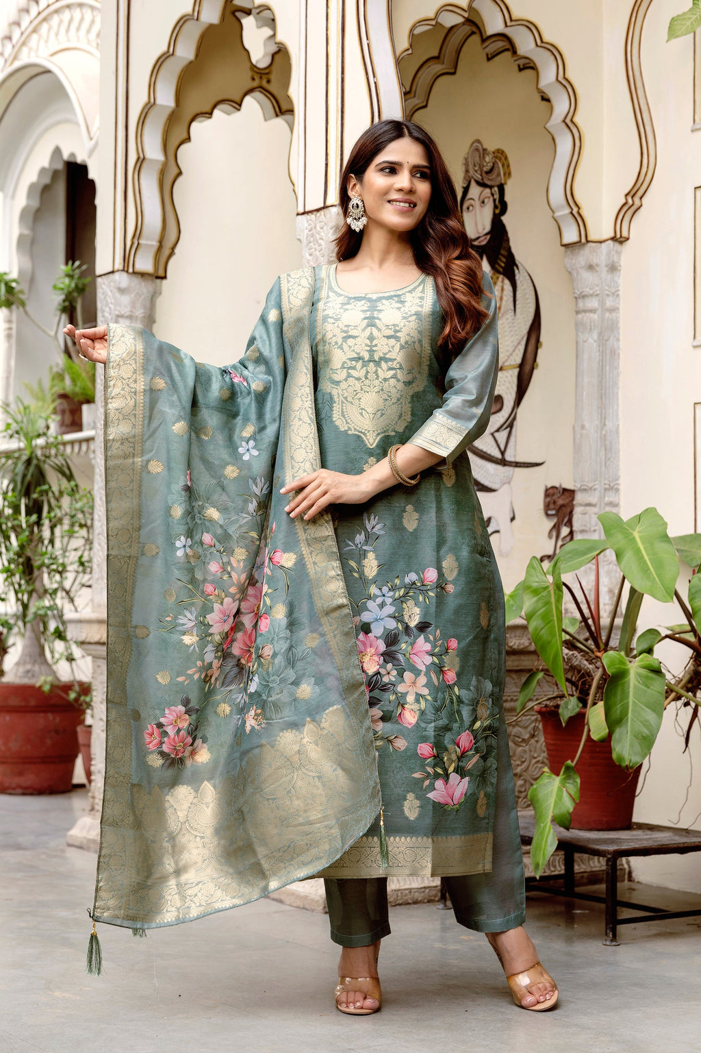 Banarasi Kurta Set with Floral Printed Dupatta