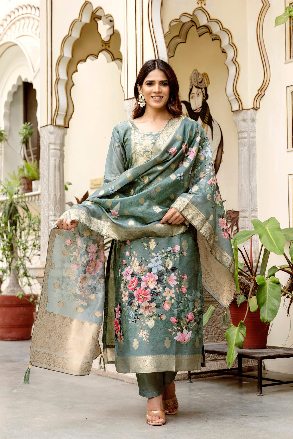Banarasi Kurta Set with Floral Printed Dupatta