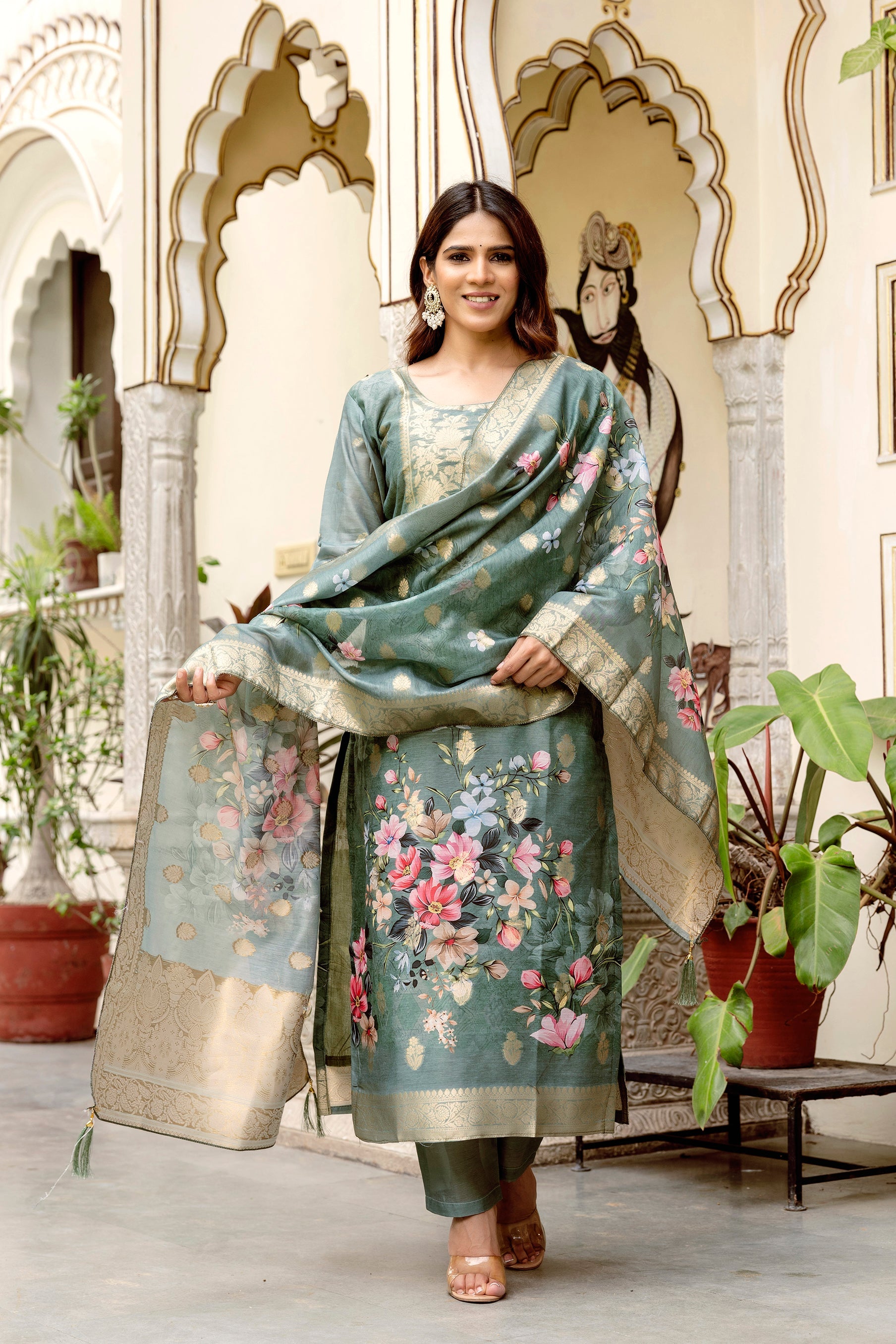 Banarasi Kurta Set with Floral Printed Dupatta