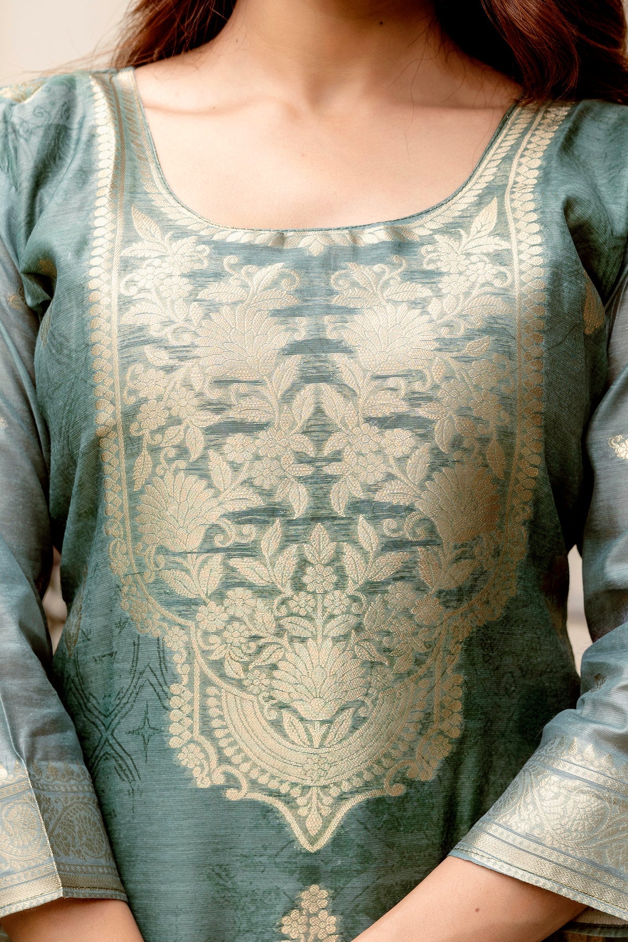 Banarasi Kurta Set with Floral Printed Dupatta