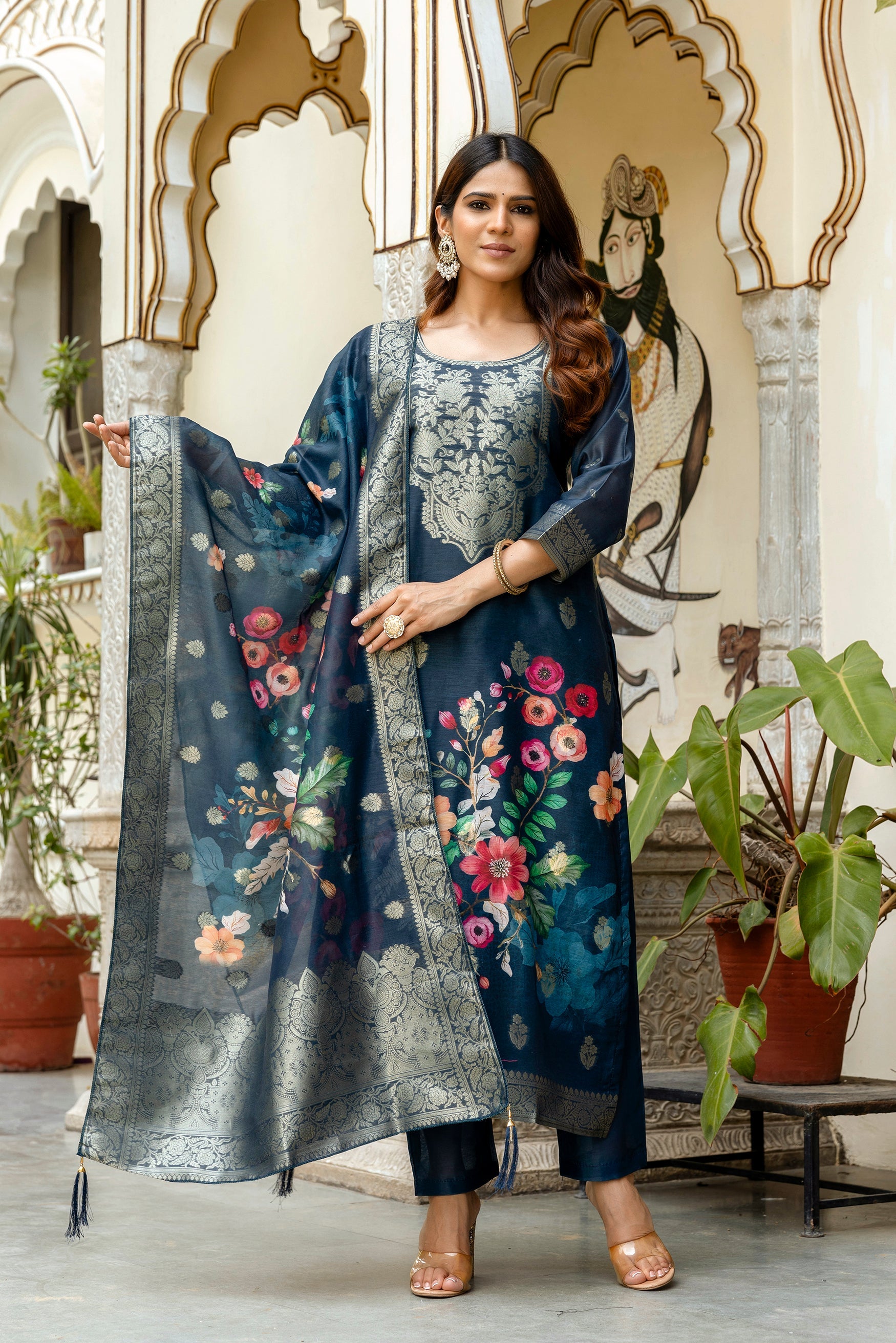 Banarasi Kurta Set with Floral Printed Dupatta