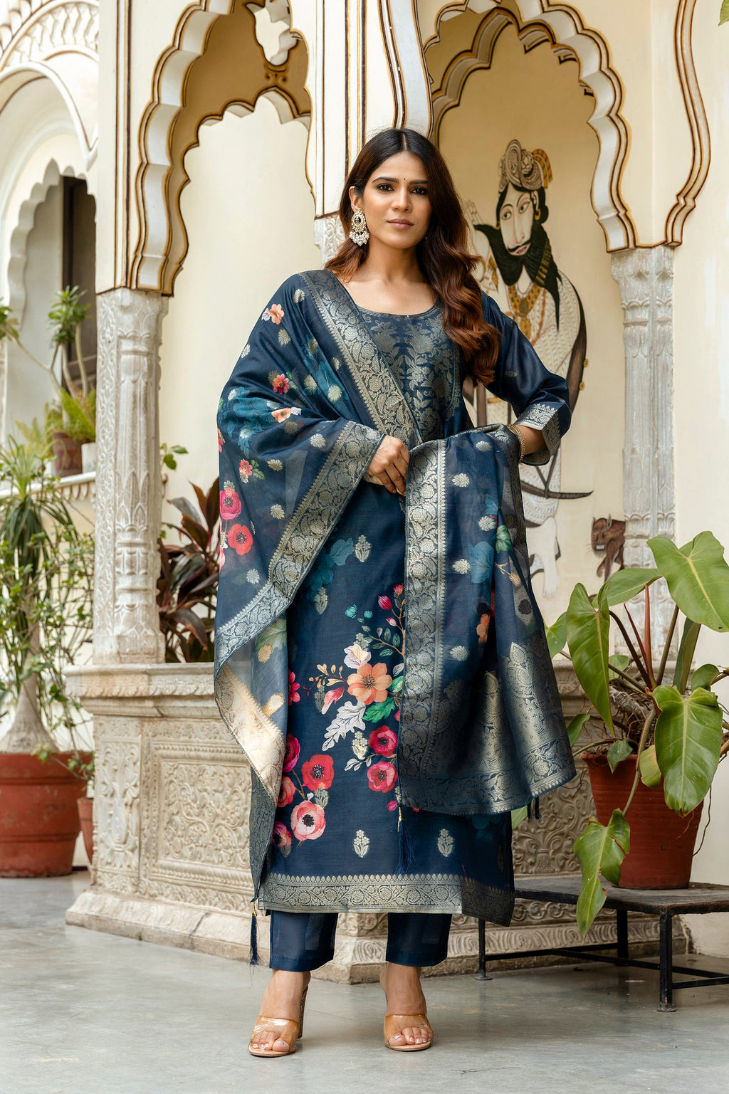 Banarasi Kurta Set with Floral Printed Dupatta